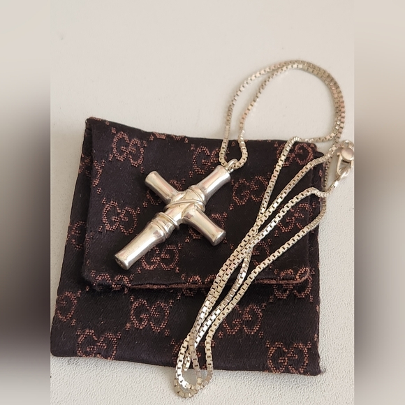 GUCCI Bamboo Cross Silver 925 Pendant Necklace - Picture 1 of 7